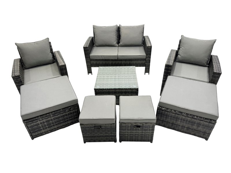Fimous PE Rattan Garden Furniture Set Lounge Sofa Coffee Table Set with 4 Footstool Dark Grey Mixed