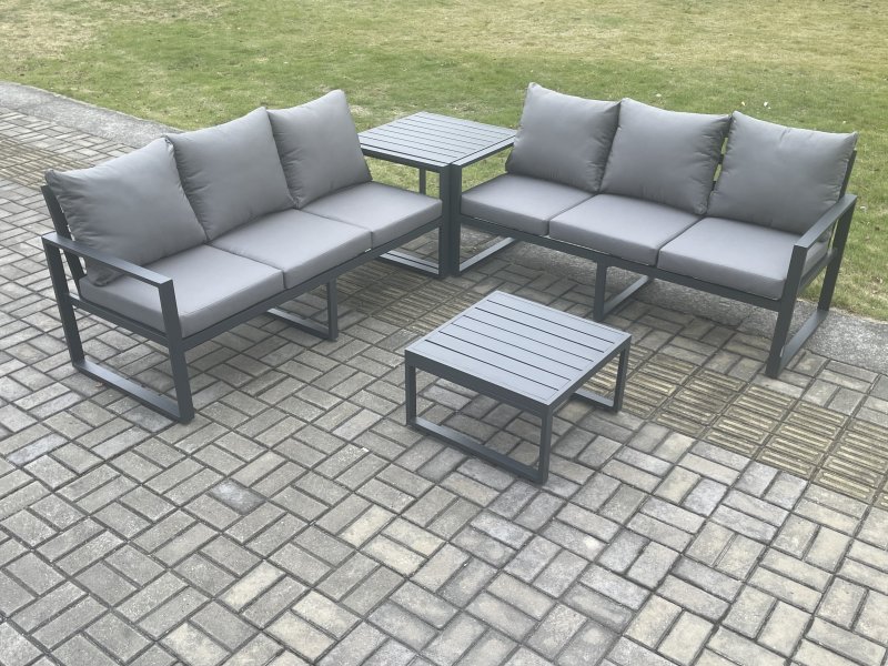 Fimous Aluminium 4 Pieces Garden Furniture Sofa Set with Cushions 6 Seater Outdoor Patio Set with Square Coffee Table Side Table Dark Grey