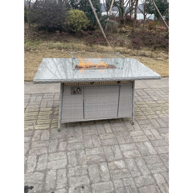 Fimous Light Grey Rattan Gas Fire Pit Garden Furniture Dining Table Set Heater Burner Chairs Lounge Sofa Set Arm Chairs