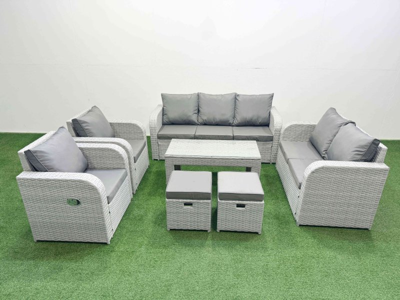 Fimous PE Rattan Garden Furniture Set Adjustable Chair Sofa Double Love Seat 2 Seater Sofa Lounge Set Rectangular Coffee Table 2 Stools Light Grey