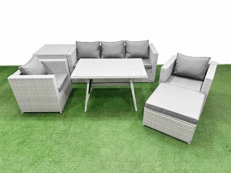 Fimous 7 Pieces Outdoor PE Rattan Sofa Armchair Set Patio Garden Furniture Sets with Cushions Side Table Big Stool Light Grey