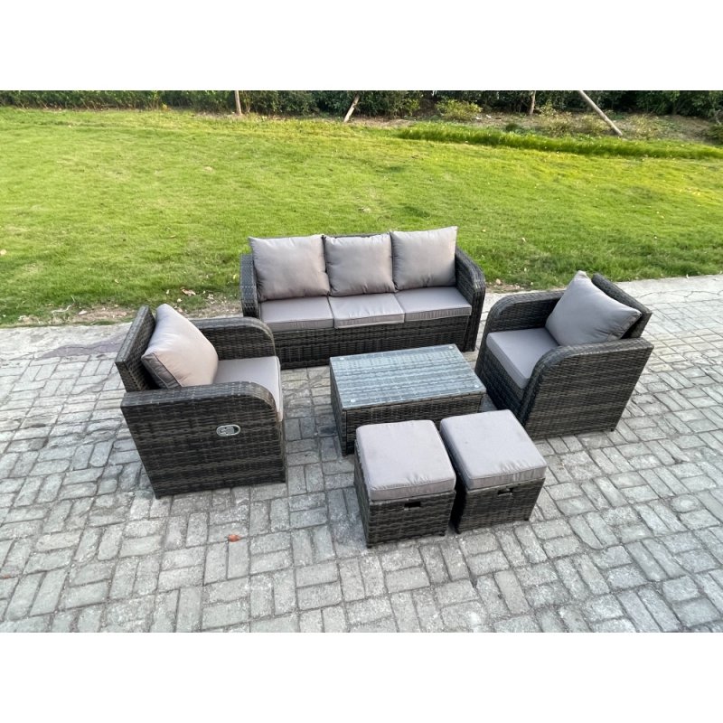 Fimous Outdoor Rattan Garden Furniture Set Patio Lounge Sofa Set with Reclining Chair Rectangular Coffee Table 2 Small Footstool Dark Grey Mixed
