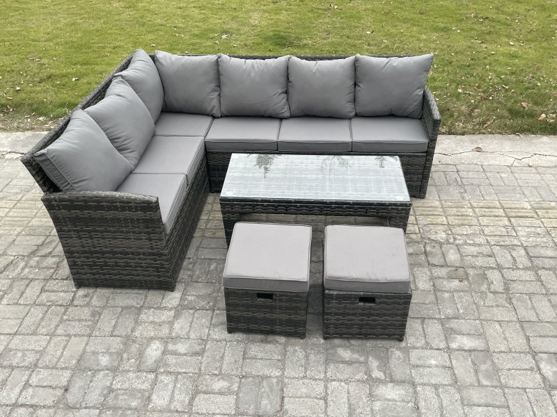 Fimous 8 Seater Outdoor Rattan Garden Furniture Set Corner Sofa Oblong Coffee Table Sets with Patio 2 Small Footstools Dark Grey Mixed