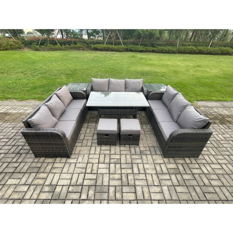Fimous Patio Rattan Garden Furniture Set with Oblong Rectangular Dining Table 2 Small Footstools 2 Side Table 11 Seater Outdoor Lounge Sofa Set Dark Grey Mixed
