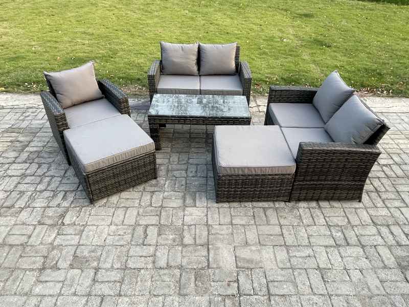 Fimous 7 Seater High Back Rattan Garden Furniture Sofa Sets with Rectangular Coffee Table 2 Big Footstool Loveseat Sofa Armchair Dark Grey Mixed
