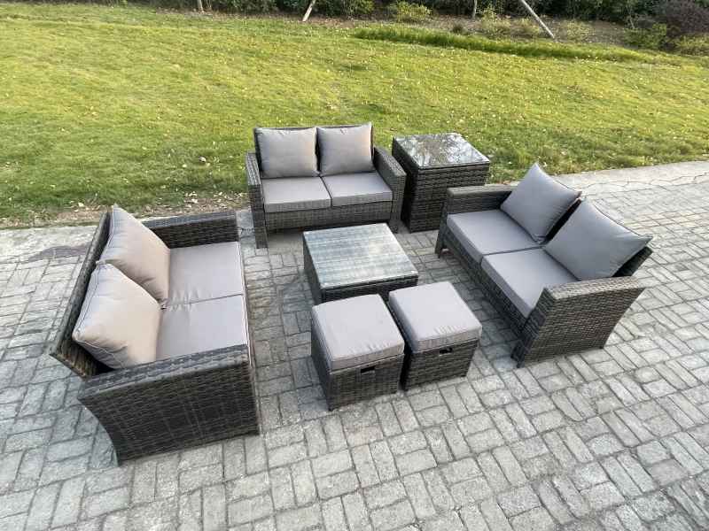 Fimous 7 PCS Outdoor Lounge Sofa Set Wicker PE Rattan Garden Furniture Set with Square Coffee Table Double Seat Sofa Side Table 2 Small Footstools Dark Grey Mixed
