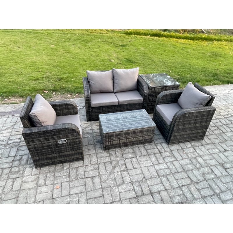 Fimous 5 PC Outdoor PE Rattan Garden Furniture Set Wicker Love Sofa Coffee Table 2 Armchair Side Table Dark Grey Mixed