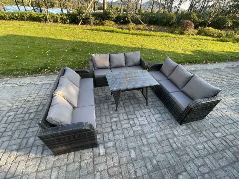Fimous 9 Seater Wicker Rattan Garden Furniture Set with Rectangular Dining Table Patio Outdoor Lounge Sofa Set
