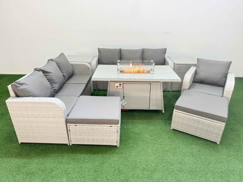 Fimous 9 Seater Poly Rattan Outdoor Garden Furniture Firepit Dining Table Sofa Set Patio 3 Seater Sofa Reclining Chair 3 Seater Sofa 2 Big Footstools 2 Side Table Light Grey