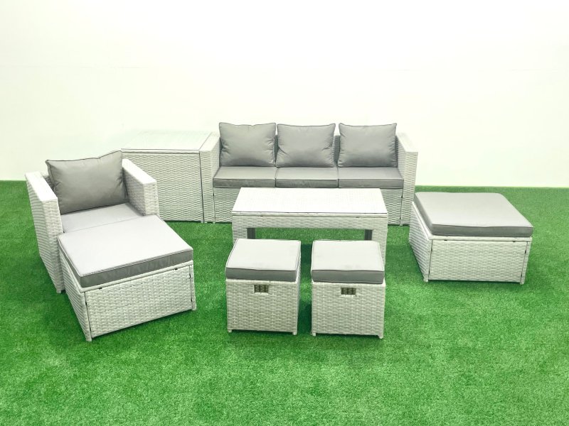 Fimous Rattan Garden Furniture Set Outdoor Lounger Sofa with Coffee Table 4 Footstools Side Table Light Grey Mixed 8 Seater