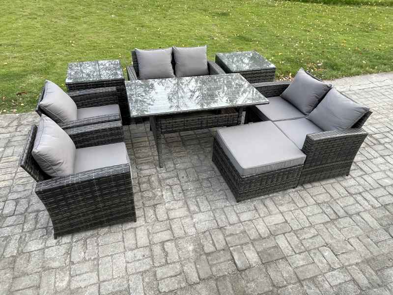 Fimous Rattan Garden Furniture Set Patio Outdoor Lounge Sofa Set with Oblong Dining Table Double Seat Sofa 2 Side Tables Big Footstool Dark Grey Mixed