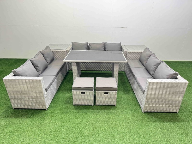 Fimous Patio Outdoor Garden Furniture Sets with Black Glass Top Dining Table 3 Seater Sofa 2 Side Tables 2 Small Stool Light Grey