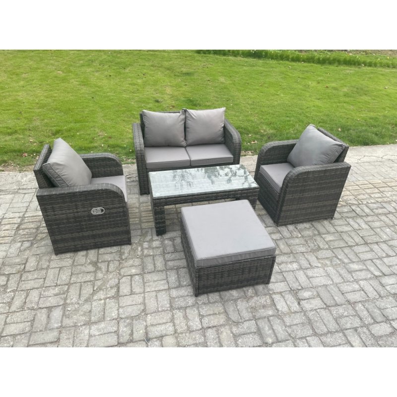 Fimous Outdoor Lounge Sofa Set Rattan Garden Furniture Set with Rectangular Coffee Table Big Footstool Love Sofa Dark Grey Mixed