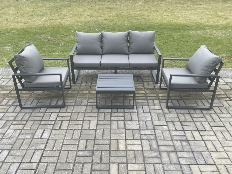 Fimous Aluminium Outdoor Garden Furniture Set Lounge Sofa 2 PC Chairs Square Coffee Table Sets Dark Grey