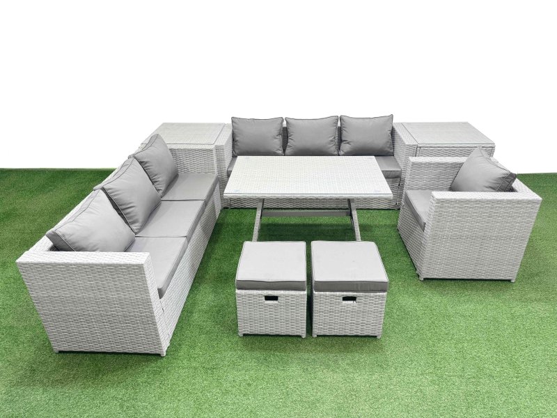 Fimous Outdoor Rattan Garden Furniture Dining Set 9-seater Patio Rectangular Table 3 Seater Sofa Armchair Set with 2 Side Tables 2 Small Stools