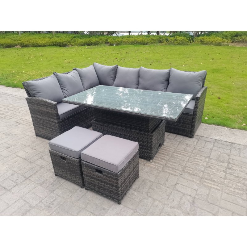 Fimous High Back Corner Rattan Garden Furniture Sofa Dining Rising Table Height Adjustable 8 Seater 2 Small Foot Stools