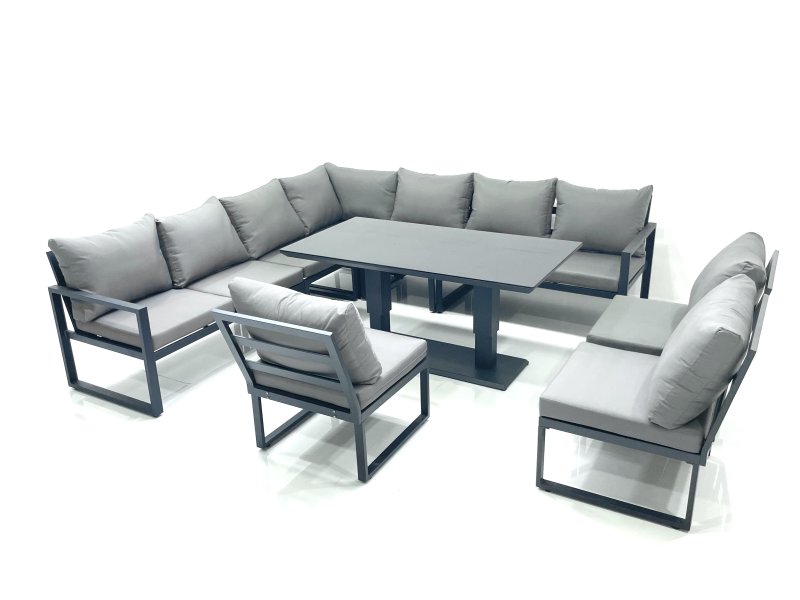 Fimous 10 Seater Outdoor Aluminum Garden Furniture Set Corner Sofa Rising Lifting Dining Table Sets Dark Grey