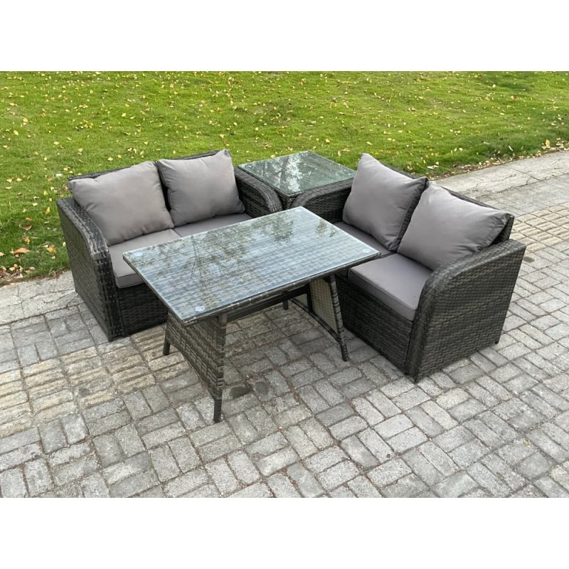 Fimous Outdoor Garden Furniture Sets 4 Pieces Wicker Rattan Furniture Sofa Sets with Rectangular Dining Table Love Sofa Side Table