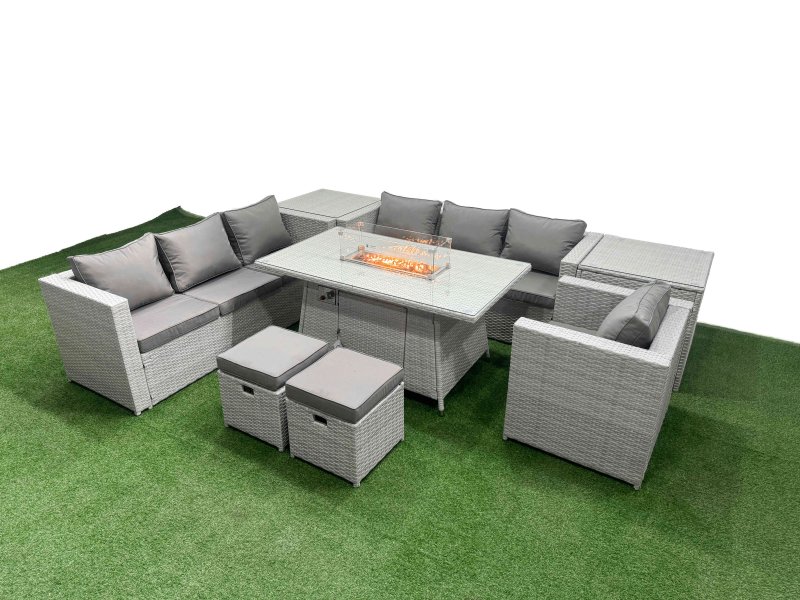 Fimous 9 Seat PE Rattan Lounge Sofa Set Outdoor Garden Furniture Set with Firepit Dining Table 3 Seater Sofa 2 Small Stools 2 Side Tables Light Grey