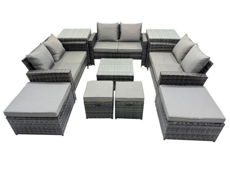 Fimous PE Rattan Garden Furniture Set Lounge Double Seat Sofa Coffee Table Set with 2 Side Tables 4 Stools Dark Grey Mixed