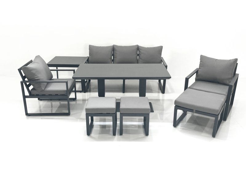 Fimous 8 Seater Aluminium Outdoor Garden Furniture Set with Adjustable Rising Lifting Dining Table 3 Seater Sofa 2 Chair 3 Footstool Side Table Dark Grey