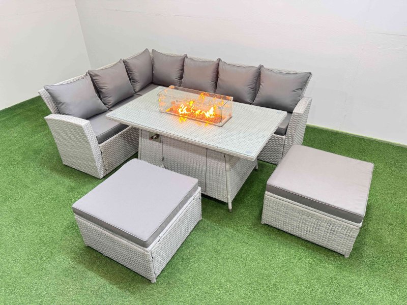 Fimous 8 Seat Rattan Garden Furniture Corner Sofa Set Outdoor Gas Fire Pit Table Sets with 2 Big Footstools Light Grey