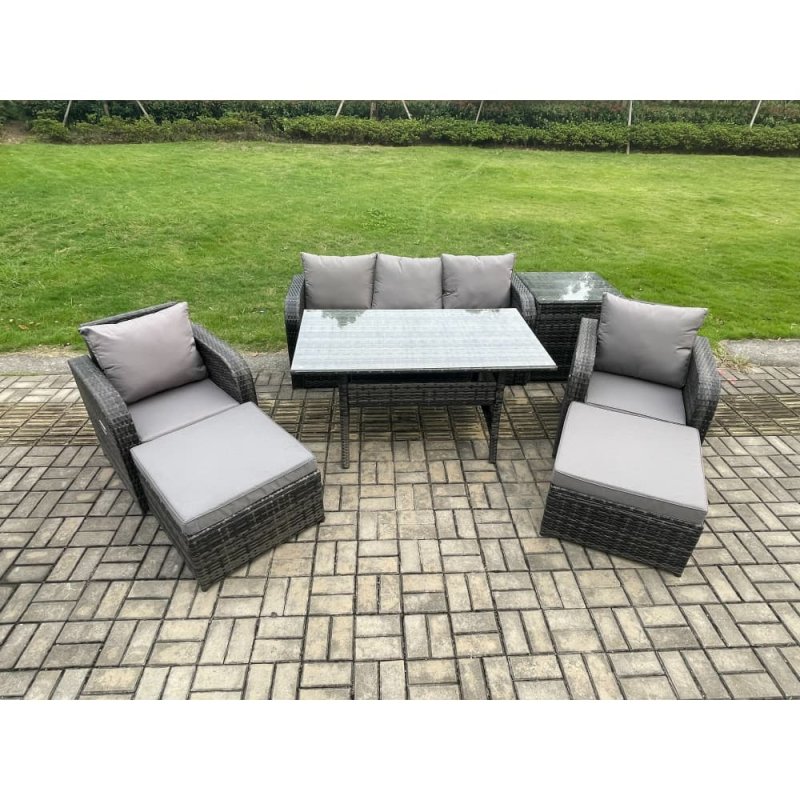 Fimous 7 Seater Rattan Outdoor Garden Furniture Set Rectangular Dining Table and Chair Sofa Set With Side Table 2 Big Footstool Dark Grey Mixed