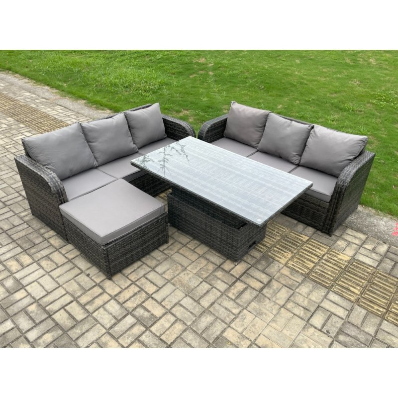 Fimous Outdoor Rattan Garden Furniture Sets Height Adjustable Rising lifting Dining Table Sofa Set with Big Footstool Dark Grey Mixed