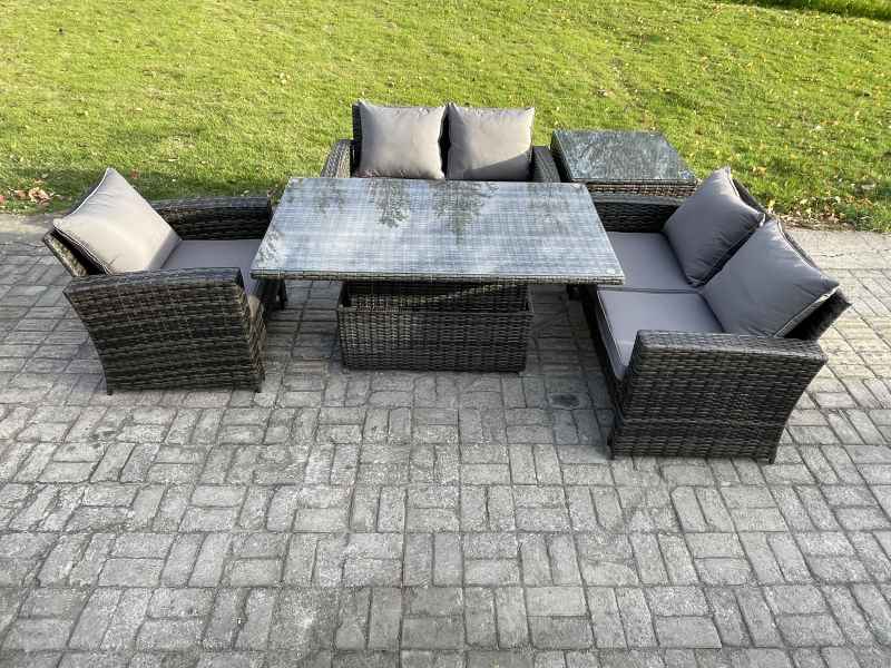 Fimous 5pcs Rattan Outdoor Garden Furniture Set Height Adjustable Rising Lifting Table Sofa Dining Set with Side Table Dark Grey Mixed