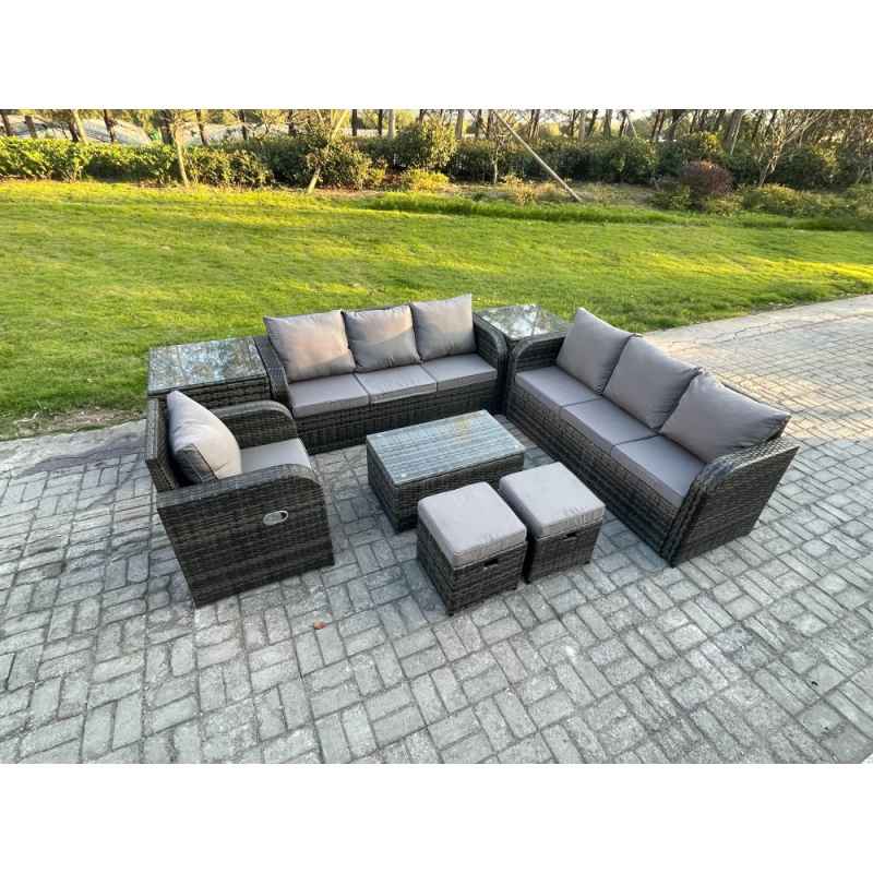 Fimous 9 Seater Rattan Lounge Sofa Set Outdoor Garden Furniture Set with Rectangular Coffee Table 3 Seater Sofa 2 Small Footstools 2 Side Tables Dark Grey Mixed