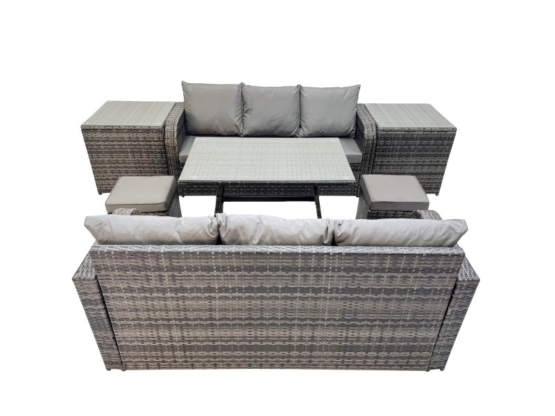 Fimous Garden Rattan Outdoor Furniture Set 8 Seater with 3 Seater Sofa 2 Side Table 2 Small Stools Dark Grey