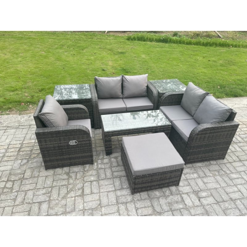Fimous Rattan Outdoor Garden Furniture Sofa Set Patio Table & Chairs Set with Big Footstool 2 Side Tables Dark Grey Mixed