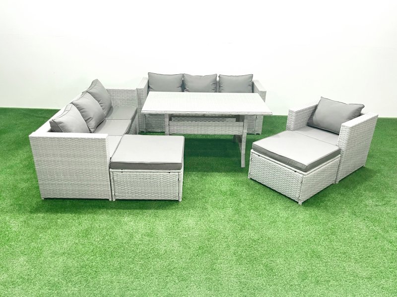 Fimous 7 Pieces Outdoor Rattan Sofa Set with Cushions Patio Garden Furniture Sets with Armchair Dining Table 2 Big Footstools