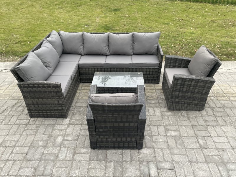 Fimous Rattan Lounge Corner Sofa Set Wicker PE Outdoor Garden Furniture Set with Rectangular Coffee Table 2 Armchairs Dark Grey Mixed