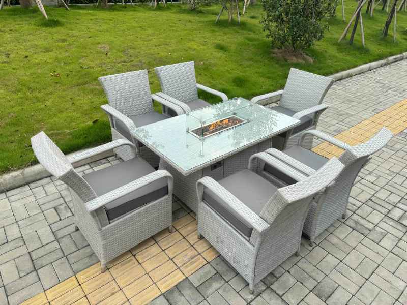 Fimous Light Grey Rattan Outdoor Garden furniture Set Gas Fire Pit Table and 6 Chairs Set with Seat Cushion