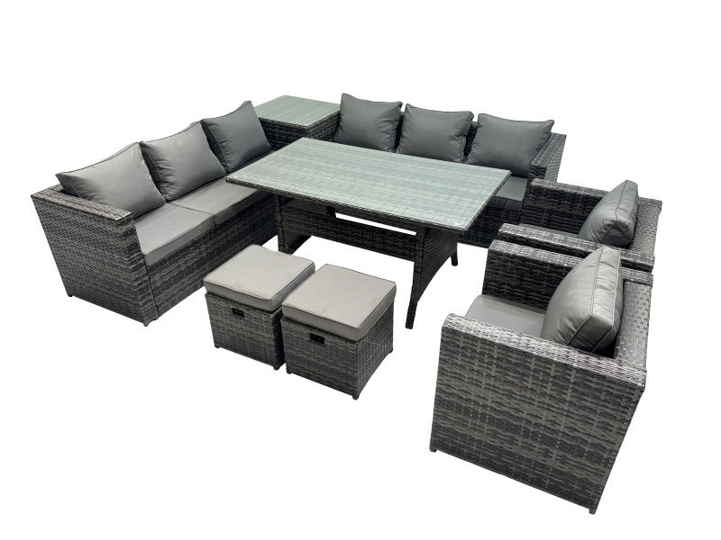 Fimous Outdoor Corner Sofa Chair Dining Table Set Garden Rattan Furniture Set 10 Seater with Side Table 2 Small Stool Dark Grey