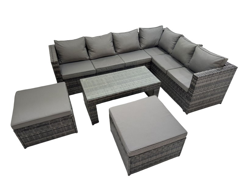 Fimous Outdoor Rattan Oblong Coffee Table Corner Sofa Sets Garden Furniture Set with Chair 2 Big Stools Dark Grey Mixed