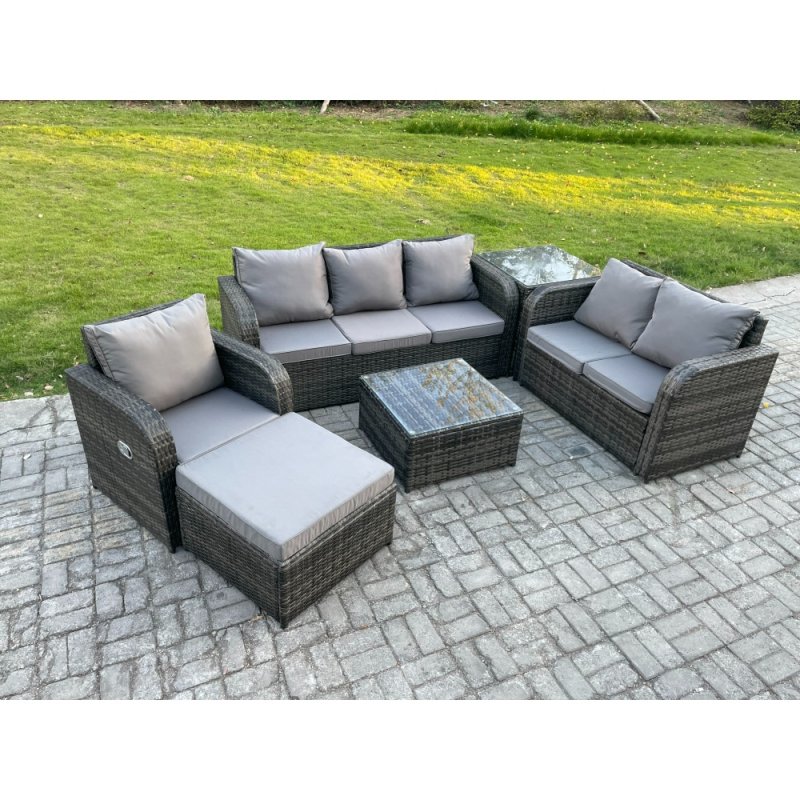 Fimous Rattan Garden Furniture 6 Piece Patio Set With Table Sofa Square Coffee Table Reclining Chair Loveseat sofa Big Footstool Side Table