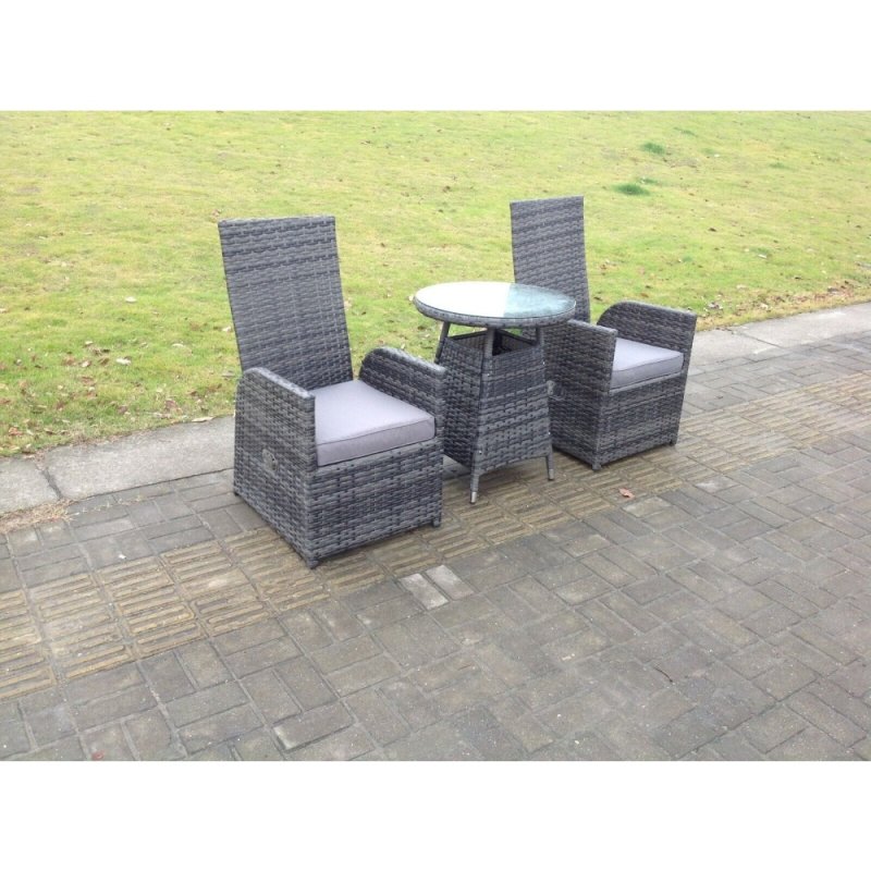 Fimous Dark Grey Mixed Outdoor Wicker Rattan Garden Furniture Reclining Chair And Table Dining Sets 2 Seater Bistro Round Table