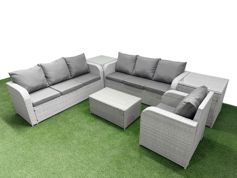 Fimous 7 Seater Poly Rattan Outdoor Garden Furniture Sofa Set Patio 3 Seater Sofa Reclining Chair 3 Seater Sofa 2 Side Table Light Grey