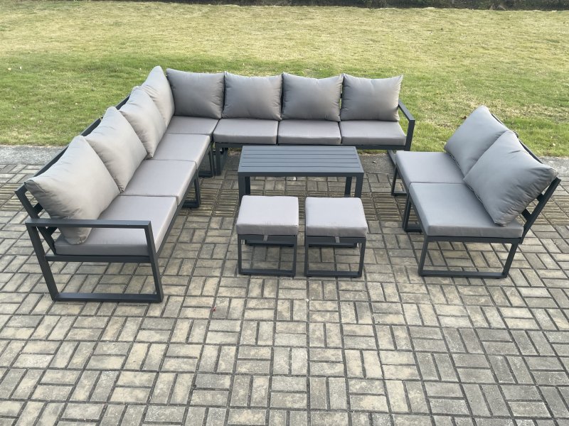 Fimous Aluminium 11 Seater Patio Outdoor Garden Furniture Lounge Corner Sofa Set with Oblong Coffee Table with 2 Small Footstools Dark Grey