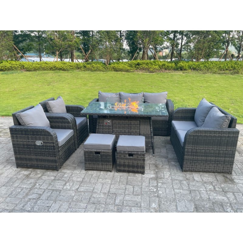 Fimous Dark Mixed Grey Rattan Outdoor Garden Furniture Gas Fire Pit Table Sets Gas Heater Lounge Love Sofa Recling Chairs Footstools 9 Seater