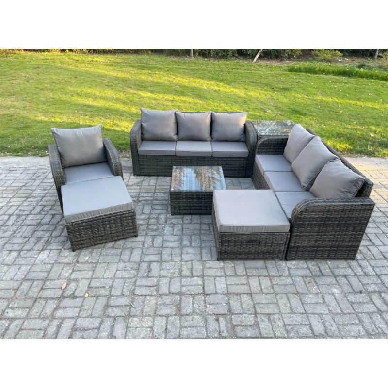 Fimous 9 Seater Outdoor Rattan Garden Furniture Set Conservatory Patio Sofa Coffee Table With Reclining Chair 2 Big Footstool Side Table Dark Grey Mixed