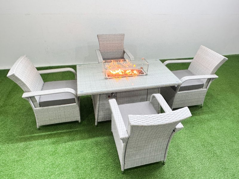 Fimous Outdoor Rattan Garden Furniture Set Patio 4 Chairs Plus Gas Fire Pit Table Sets Light Grey Mixed