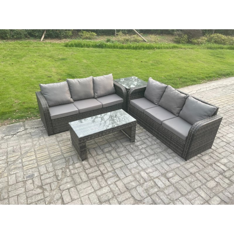Fimous 6 Seater Outdoor Rattan Garden Furniture Set with Patio Lounge Sofa Set with Rectangular Coffee Table Side Table Dark Grey Mixed
