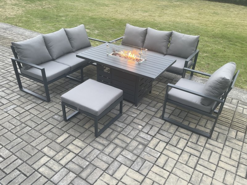 Fimous Aluminium Outdoor Lounge Sofa Garden Furniture Sets Gas Fire Pit Dining Table Set with Arm Chair Big Footstool Dark Grey