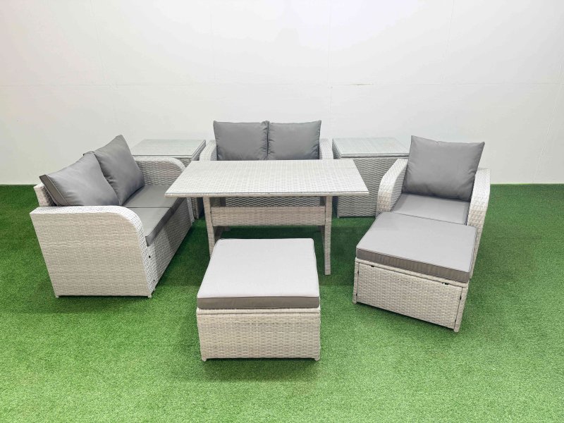 Fimous High Back Poly Rattan Garden Furniture Set with Reclining Chair Loveseat Sofa Rectangular Dining Table Indoor Outdoor Patio Set 2 Big Stool 2 Side Table Light Grey