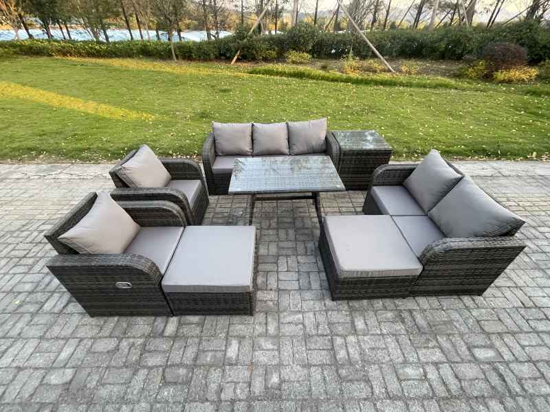 Fimous Outdoor Rattan Garden Furniture Set 9 Seater Patio Lounge Sofa Set with Dining Table 2 Big Footstool Side Table Dark Grey Mixed