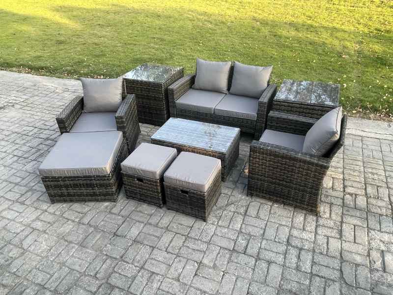 Fimous 7 Seater Dark Grey Outdoor Rattan Garden Furniture Set Patio Lounge Sofa Rectangular Coffee Table with 2 Side Table 3 Footstools