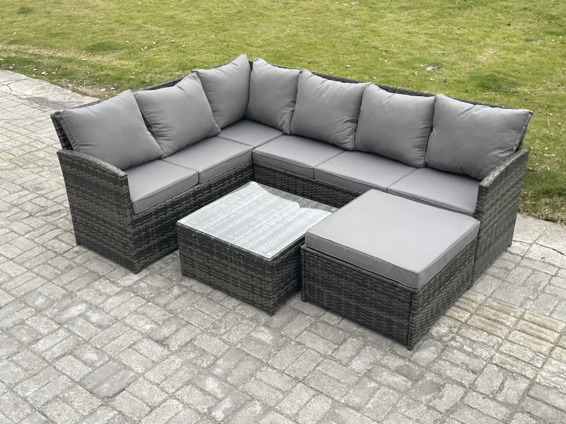 Fimous 7 Seater Outdoor Garden Furniture Set Wicker PE Rattan Corner Sofa Set with Square Coffee Table Big Footstool Dark Grey Mixed